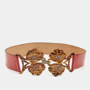 Pre Owned Roberto Cavalli Red Patent Leather Floral Cut Out Crystals Embellished Waist Belt 90CM