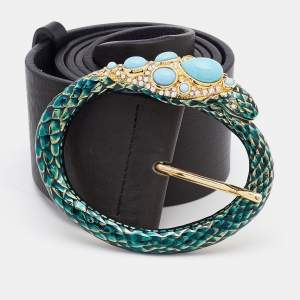 Roberto Cavalli Black Leather Snake Crystals Embellished Buckle Waist Belt L