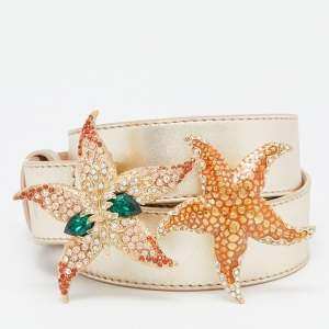 Roberto Cavalli Gold Leather Crystals Starfish Buckle Belt L