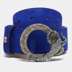 Roberto Cavalli Blue Suede Crystal Embellished Serpent Buckle Belt 95CM