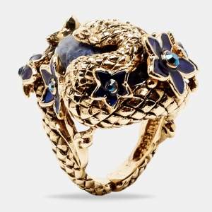 مملوكة مسبقًا Roberto Cavalli Enamel Crystal Gold Tone Serpenti Ring Size 52 