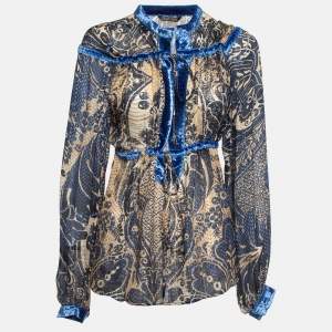 Pre Owned Roberto Cavalli Blue/Brown Printed Velvet Trim Silk Blouse M