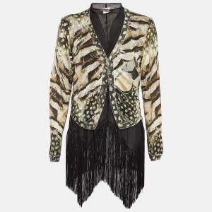 Roberto Cavalli Green/Black Printed Knit and Silk Tassels Cardigan 