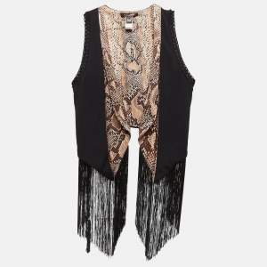 Roberto Cavalli Black Knit and Silk Tassels Detail Cardigan M