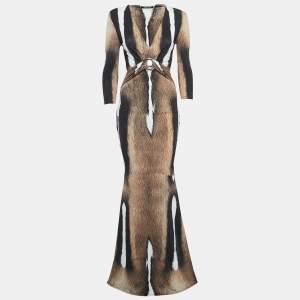 Pre Owned Roberto Cavalli Brown Fur Print Jersey Brooch Detail Maxi Dress M
