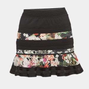 Roberto Cavalli Black Floral Printed Knit Flared Mini Skirt S
