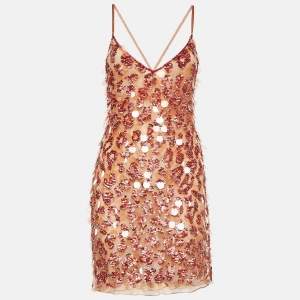 Pre Owned Roberto Cavalli Coral Beige Sequin Mini Dress M