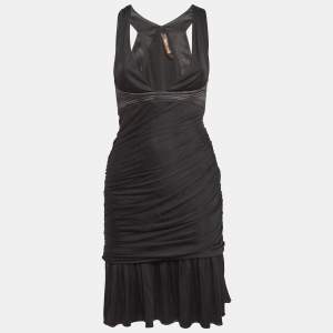 Roberto Cavalli Black Stretch Crepe Ruche Midi Dress S