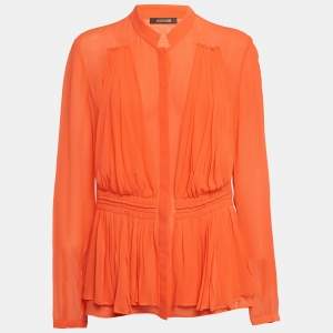 Pre Owned Roberto Cavalli Light Orange Silk Pleated Blouse L