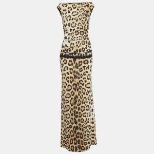Pre Owned Roberto Cavalli Brown Leopard Print Jersey Cut Out Detail Maxi Dress M