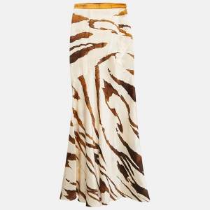 Pre Owned Roberto Cavalli Cream Printed Satin Silk Maxi Skirt S