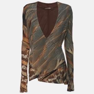 مملوكة مسبقًا Roberto Cavalli Brown Printed Jersey Full Sleeves Top S