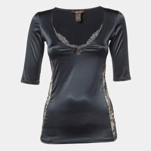 Roberto Cavalli Black Satin Lace Trim V-Neck Top M