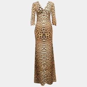 Pre Owned Roberto Cavalli Brown Leopard Print Jersey Ruched Maxi Dress S