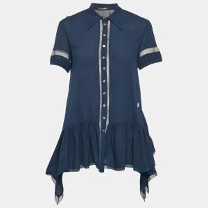 Roberto Cavalli Blue Mesh Insert Silk Gathered Asymmetric Shirt S