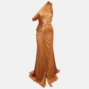 Pre Owned Roberto Cavalli Brown Jersey Brooches Detail Maxi Dress S