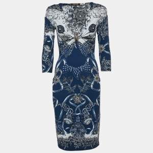 Roberto Cavalli Blue Printed Jersey Brooch Detail Midi Dress M