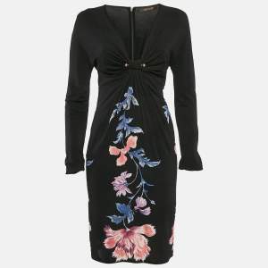 Pre Owned Roberto Cavalli Black Floral Print Jersey Brooch Detail Mini Dress M