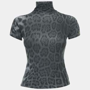 Pre Owned Roberto Cavalli Grey Leopard Print Modal Jersey High Neck Top S