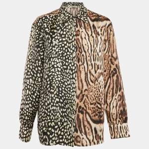 Roberto Cavalli Brown Leopard Print Silk Long Sleeve Shirt L