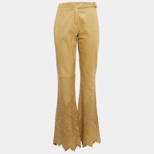 Pre Owned Roberto Cavalli Beige Leather Laser Cut-Work Detail Wide Leg Pants M