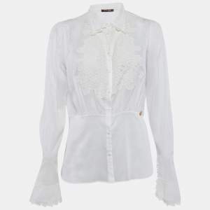 Roberto Cavalli Off-White Cambric Cotton Floral Lace Trimmed Blouse L