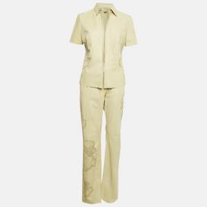 Roberto Cavalli Green Laser Cut Detail Leather Top and Pants Set M