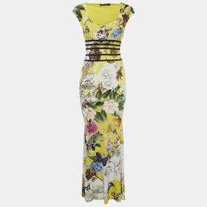 Pre Owned Roberto Cavalli Yellow Multicolor Printed Jersey Long Dress S