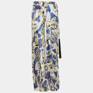 Roberto Cavalli Multicolor Feather Print Silk Satin Wide Leg Trousers S