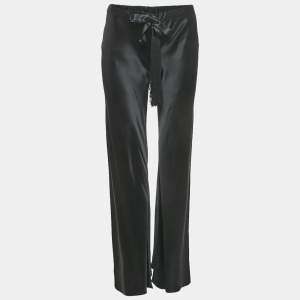 Roberto Cavalli Black Satin Silk Tassels Drawstring Flared Trousers S