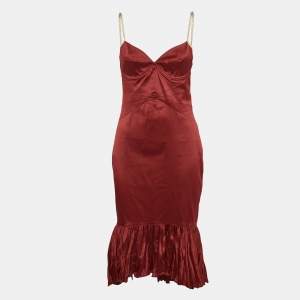 Roberto Cavalli Red Stretch Satin Flounce Midi Dress M