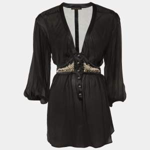 Pre Owned Roberto Cavalli Black Silk Chiffon & Satin Trim Detail Tunic Top M