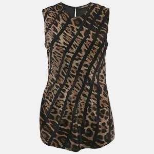 Roberto Cavalli Brown Leopard Print Silk Sleeveless Top S