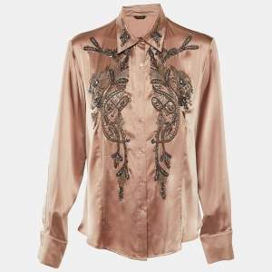 Roberto Cavalli Champagne Pink Silk Satin Embellished Shirt L