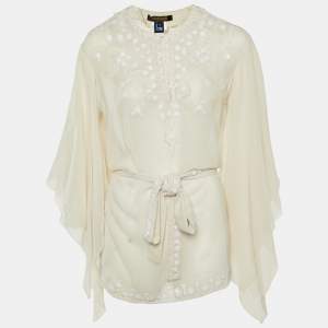Roberto Cavalli White Sequin Embellished Silk Belted Blouse M
