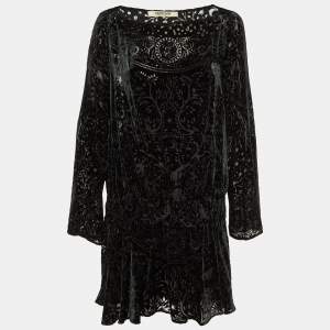 Roberto Cavalli Black Devore Elasticated Waist Detail Mini Dress M
