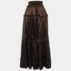 Roberto Cavalli Brown Silk Tafetta Layered Maxi Skirt M