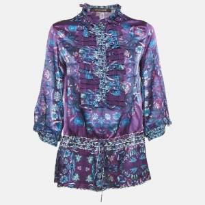 Roberto Cavalli Purple Floral Print Silk Ruffled Top M