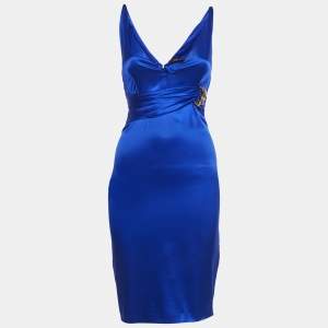Roberto Cavalli Blue Stretch Satin Metal Detail Short Dress S