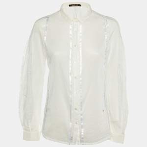 Roberto Cavalli White Cotton & Lace Paneled Button Up Shirt L