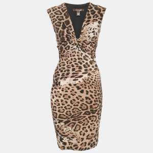 Roberto Cavalli Brown Leopard Print Jersey Ruche Short Dress S