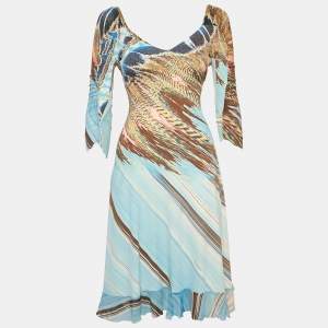 Roberto Cavalli Blue Printed Jersey Long Sleeve Short Dress XS