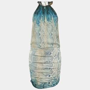 Roberto Cavalli Blue Snakeskin Prinr Silk and Jersey Ruche Mini Dress M