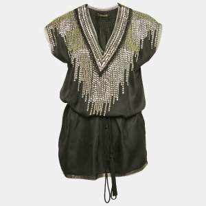 Roberto Cavalli Black Embellished Silk Tie-Up Detail Kaftan Top S