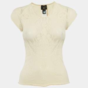 Roberto Cavalli Cream Mesh Jersey Top S