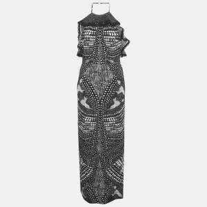 Roberto Cavalli Black Print Crepe Halter Neck Maxi Dress M