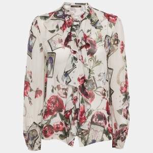 Roberto Cavalli  White Printed Silk Chiffon Ruffled Sheer Top S