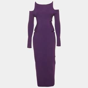 Roberto Cavalli Purple Knit Cut Shoulder Frayed Detail Bodycon Dress M