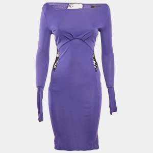 Roberto Cavalli Purple Crepe Lace Back Midi Dress S