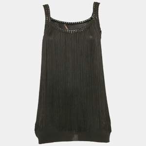 Roberto Cavalli Black Stretch Knit Braided Fringe Top L